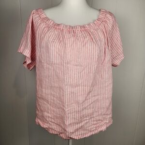 J. Crew 100% Linen Boatneck Cropped Blouse Large Pink Stripe Off-Shoulder Beachy